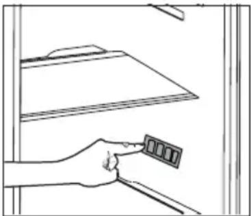 Line drawing of a hand holding a small object near a shelf (no text or symbols)