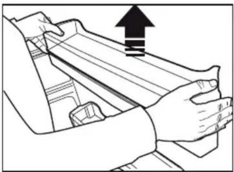 Line drawing of hands gripping a mechanical component with an upward arrow indicating motion (no text or symbols).