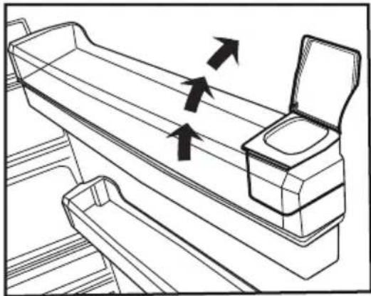 Line drawing of a mechanical device with two open compartments and directional arrows indicating motion (no text or symbols).