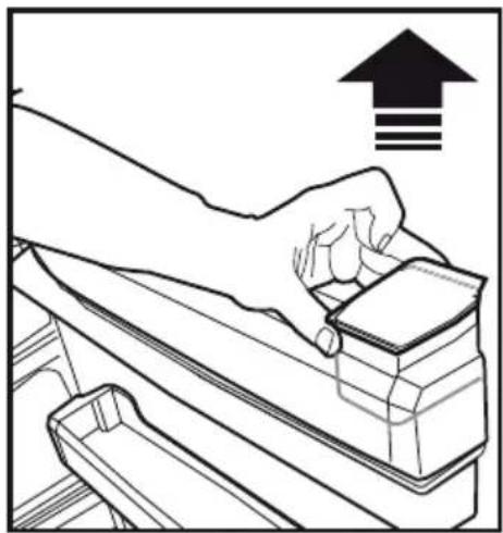 Line drawing of a hand using a tool to lift a stack of objects, with an upward arrow and three horizontal lines above.