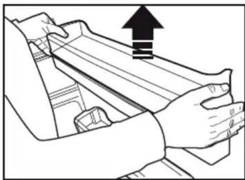 Line drawing of hands operating a mechanical component with an upward arrow.