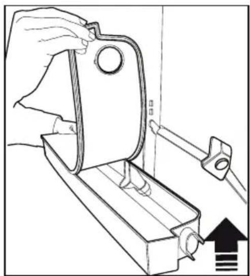 Line drawing of a hand adjusting a mechanical component with a black arrow indicating upward motion (no text or symbols)