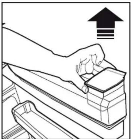Line drawing of a hand using a tool to lift a stack of materials, with an upward arrow symbol above (no text or labels)