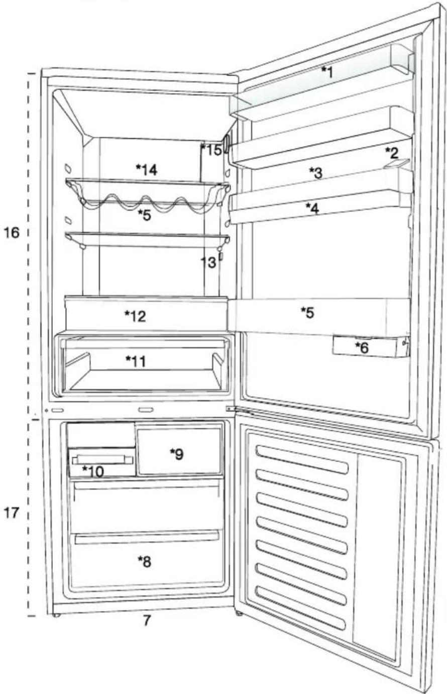 Technical diagram of an open refrigerator with numbered compartments and ventilation slots