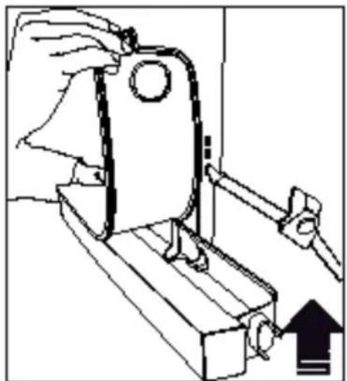 Technical line drawing of a mechanical assembly with a hand operating a bracket (no text or symbols).