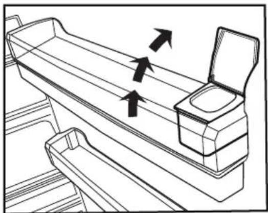 Line drawing of a mechanical device with two boxes and an open lid, showing directional arrows (no text or symbols)