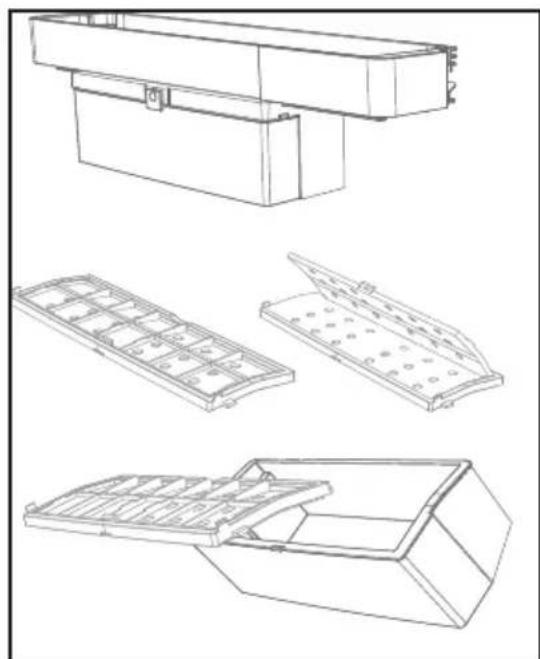 Technical line drawings of mechanical components and housing.