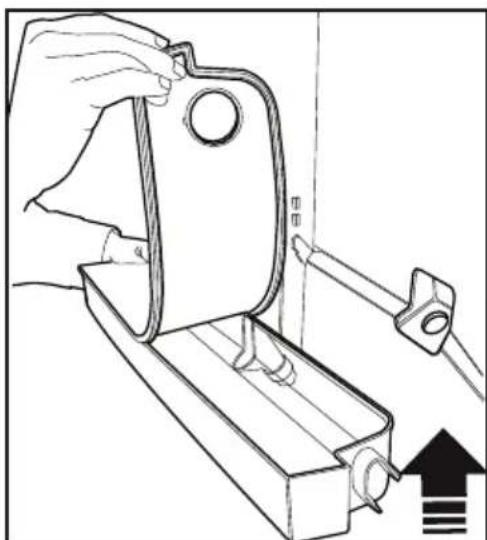 Line drawing of a hand holding a metal bracket with a pull rod, showing mechanical assembly (no text or symbols)