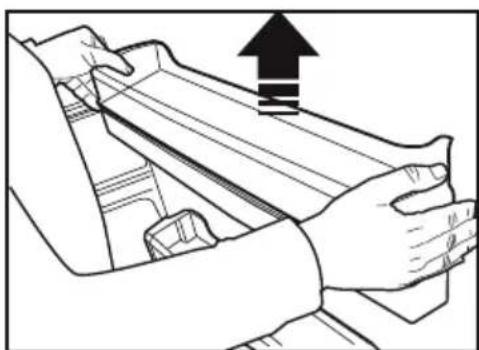 Line drawing of hands operating a mechanical component with an upward arrow indicating motion (no text or symbols)