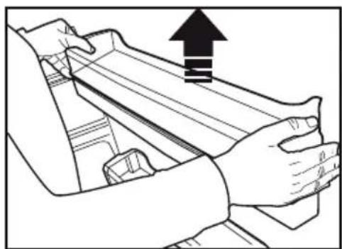 Line drawing of hands operating a mechanical component with an upward arrow indicating motion.