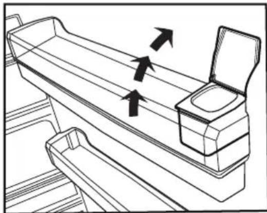 Line drawing of a wooden tray with an open lid and two arrows indicating direction.
