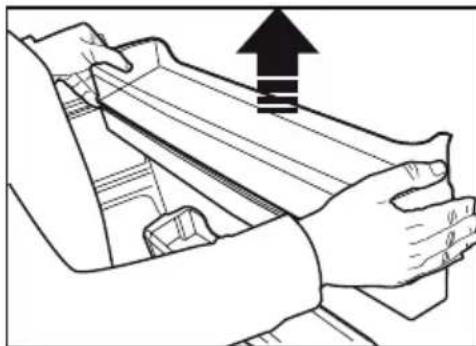 Line drawing of a hand gripping a mechanical component with an upward arrow (no text or symbols)