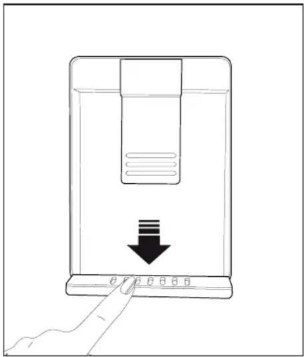 Line drawing of a hand pressing down on a device with a downward arrow indicating compression or disassembly (no text or symbols).