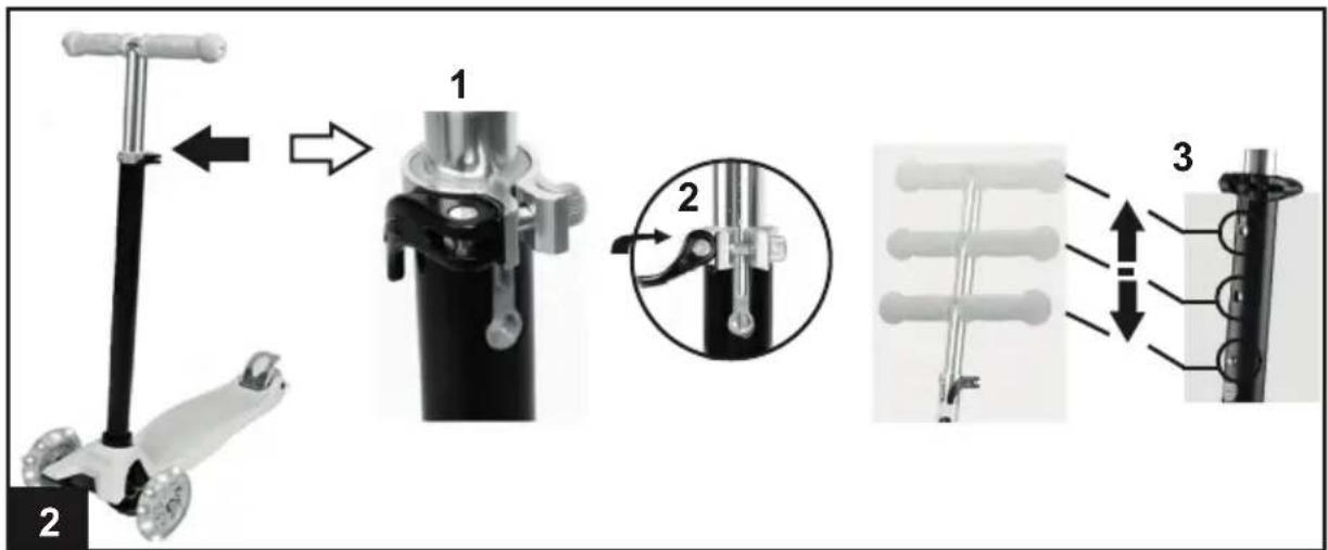 Technical diagram illustrating the assembly of a scooter leg mechanism with labeled parts and directional arrows.
