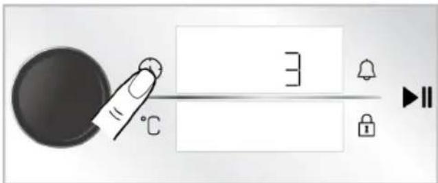 Diagram showing a finger pressing a button with temperature and lock icons, likely illustrating a thermal or digital interface control.