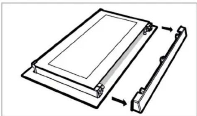 Technical line drawing of a rectangular device with a side panel and a handle, showing internal components and directional arrows.