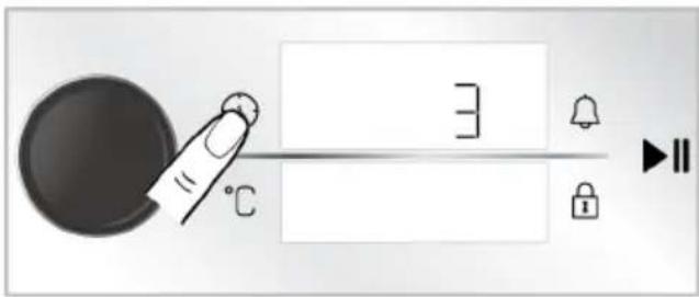 Diagram showing a hand pressing a button with temperature and lock icons, likely illustrating a thermal or digital interface control.