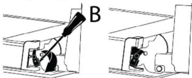 Mechanical assembly diagram showing two views of a tool interacting with a component, labeled B (no text or symbols present).