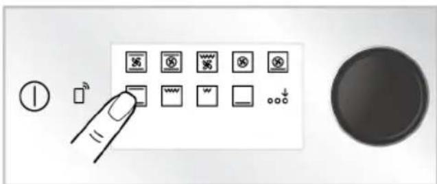 Diagram showing a hand interacting with a control panel displaying various function icons and labels, alongside a circular device.