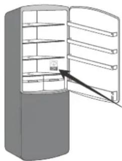 Diagram of a refrigerator with shelves open and a black arrow pointing to the door.