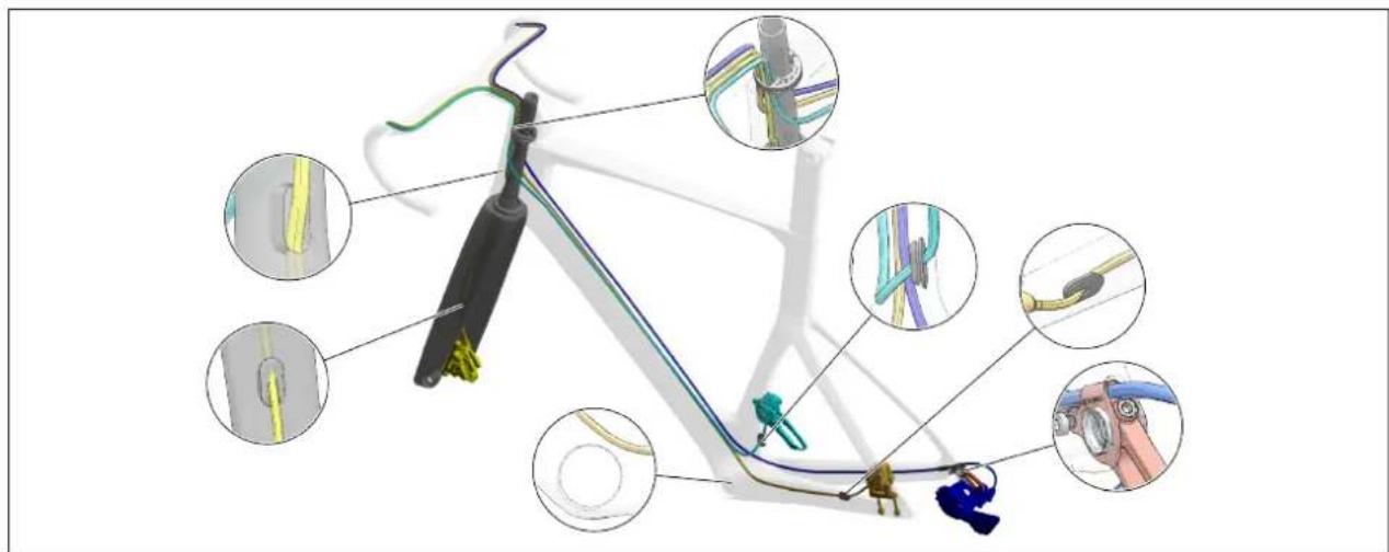 Technical diagram of a mechanical device with labeled components and close-up insets showing wiring connections and component details.