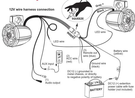 graph TD A["12V wire harness connection"] --> B["LED wire"] B --> C["ADC wire (red)"] C --> D["AUX input"] D --> E["Audio output"] E --> F["DC12 (-) grounded to metal chassis, or directly to negative polarity of battery"] F --> G["BATTERY"] G --> H["DC12 (+) extension power cable with fuse holder (n…