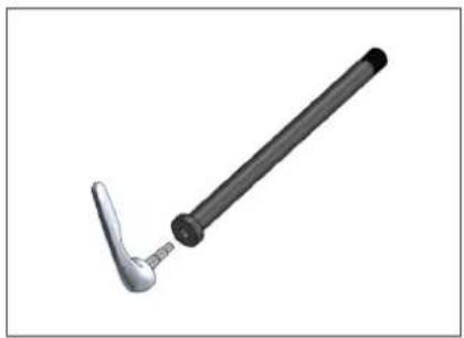 3D rendered image of a metal tool with a curved handle and a cylindrical shaft (no text or symbols)