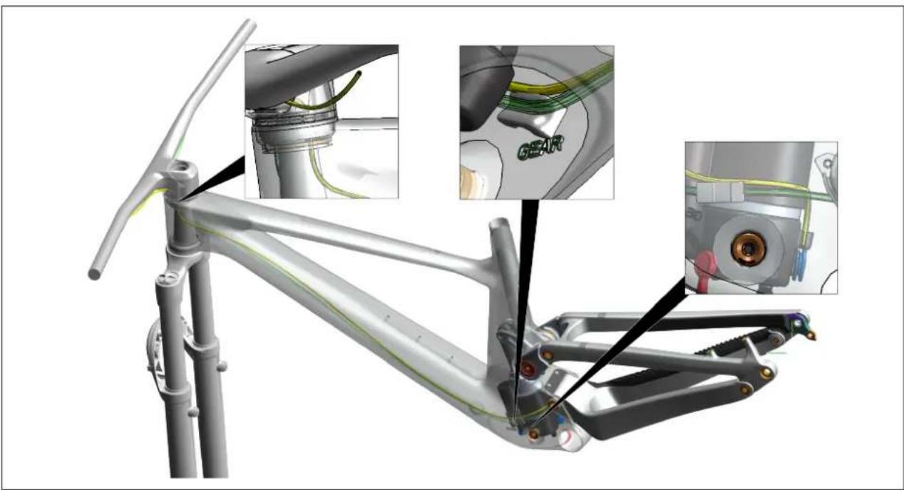 3D mechanical assembly diagram showing frame structure with highlighted components and close-up insets (no text or symbols)