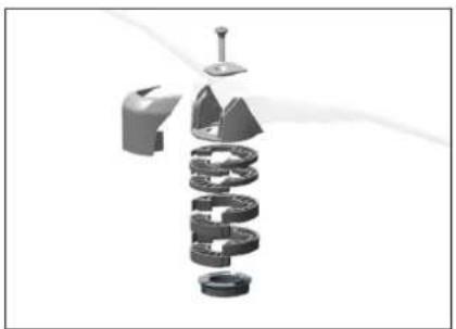 Illustration 3D abstraite d'un signe dollar tombant avec des pièces mécaniques et une épingle (aucun texte ni symbole).