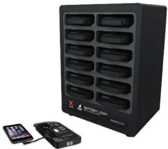 Exterior view of a black battery storage unit with multiple compartments and two connected devices (no visible text or symbols)
