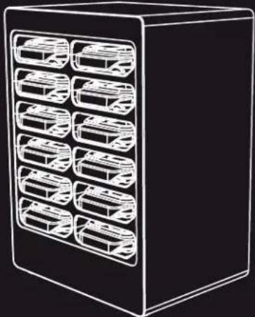 Line drawing of a server rack cabinet with multiple drive bays (no text or symbols)