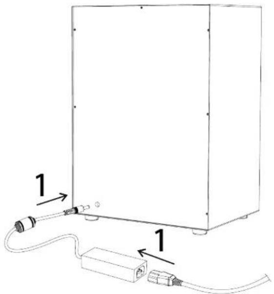 Diagram showing a device with two labeled connectors and a cable, marked with arrows indicating connection points.