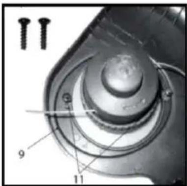 Mechanical component with numbered parts (9, 11) and two screws, no visible text or symbols
