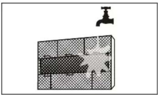 Diagram of a bathroom with a faucet and tiled walls, no text or symbols present