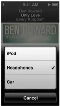 9:41 AM. Ben Howard - Only Love. Every Kingdom. iPod. Headphones ✓. Car. Cancel.