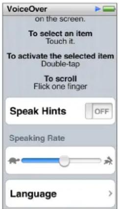 VoiceOver on the screen. To select an item: touch it. To activate the selected item: double-tap. To scroll: flick one finger. Speak Hints: OFF. Speaking Rate. Language.