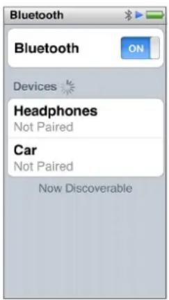 Bluetooth ON. Bluetooth Devices: Headphones (Not Paired), Car (Not Paired). Now Discoverable.