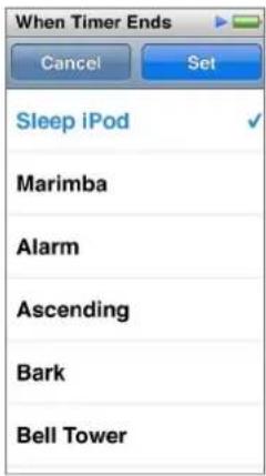 When Timer Ends: Cancel, Set. Sleep iPod. Alarm sounds: Marimba, Ascending, Bark, Bell Tower.
