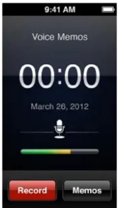 9:41 AM. Voice Memos. 00:00. March 26, 2012. Record, Memos.