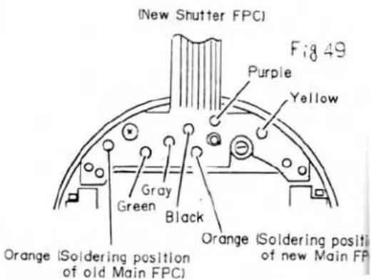 (Nouveau FPC d'obturateur) Figure 49, Violet, Jaune, Gris, Vert, Noir, Orange (position de soudure de l'ancien FPC principal), Orange (position de soudure du nouveau FP principal)