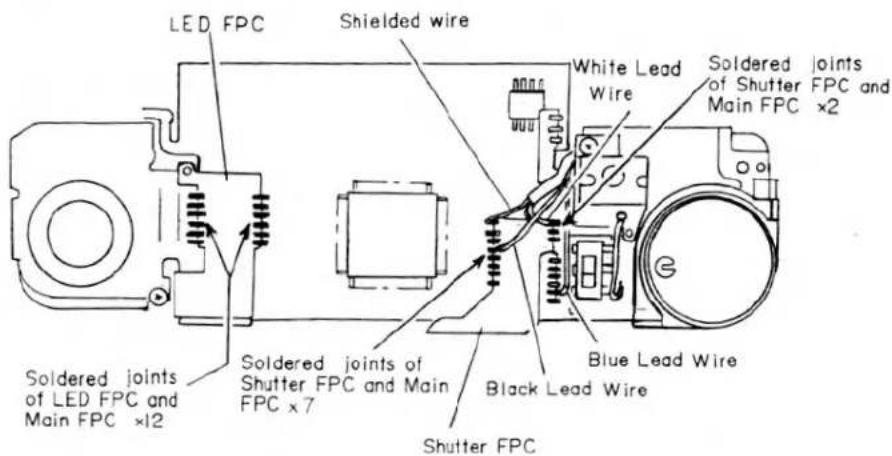 FPC LED ; Fil blindé ; Fil blanc ; Joints soudés du FPC d'obturateur et du FPC principal x2 ; Fil bleu ; Joints soudés du FPC d'obturateur et du FPC principal x7 ; Fil noir ; FPC d'obturateur