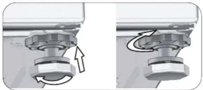 Mechanical assembly diagram showing two configurations of a valve or knob with directional arrows indicating motion (no text or symbols present)