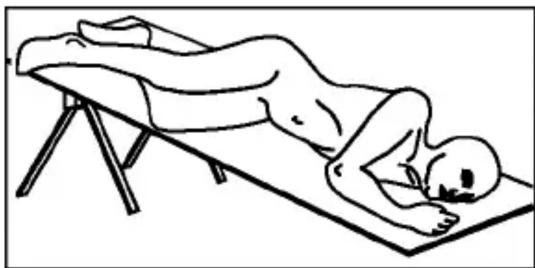 Line drawing of a person lying on a flatbed mat, viewed from the side (no text or symbols)