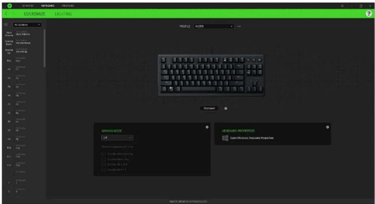 SYMBOLS KEYBOARD PROFILES CUSTOMIZE LIGHTING All Buttons Profile RAZER GAMING MODE OFF Window Connecting Window to Ctrl □ Duplicate Window is key □ Duplicate Camera key □ Duplicate Alt & Pull □ Duplicate Alt x 0.5 KEYBOARD PROPERTIES Open Windows Keyboard Properties RAZER DRINKING KEY insight