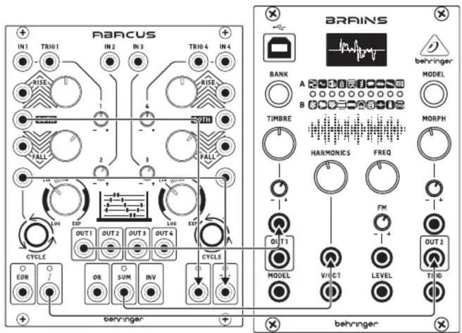 RAACUS IN1 TRI01 IN2 IN3 TRI04 IN4 RISE RISE FALL 2 3 OUT1 OUT2 OUT3 OUT4 CYCLE OR SUM INV CYCLE BARRINGS BANK A B TIMBRE HARMONICS FREQ FM OUT1 MODEL V/CT LEVEL TI ID behringer behringer behringer MORPH MODEL