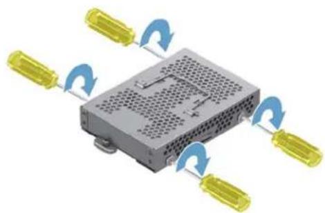 Schéma 3D d'un dispositif avec quatre connecteurs jaunes et des flèches courbes bleues indiquant une rotation ou une connexion (aucun texte ni symbole).