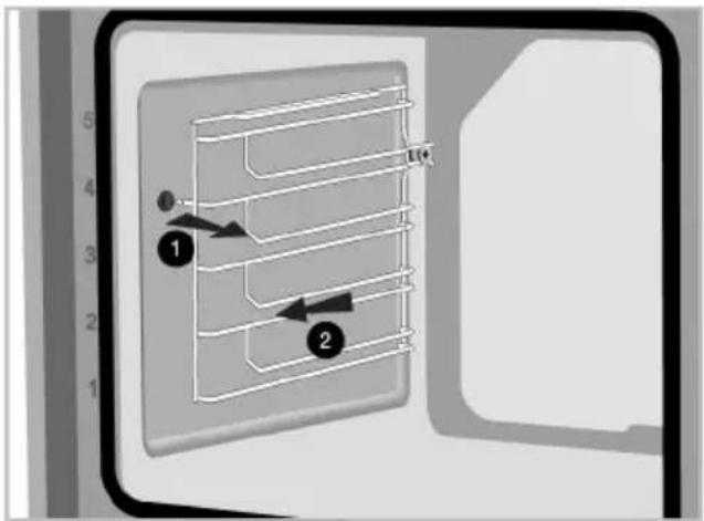Diagram of a device panel with labeled components and numbered parts, showing internal structure and directional arrows.