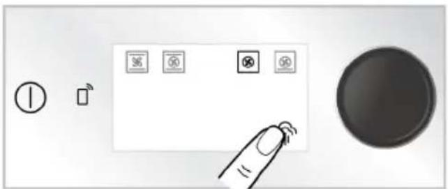 Diagram showing a control panel with battery, switch, and display icons, plus a finger pointing to it.
