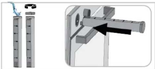 Technical illustration showing a mechanical assembly with two vertical cylindrical components and a bracket, with a black arrow indicating a pin or force. No text or symbols present.