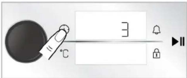 Diagram showing a hand pointing at a blank rectangular box with symbols for temperature, alarm, lock, and play button